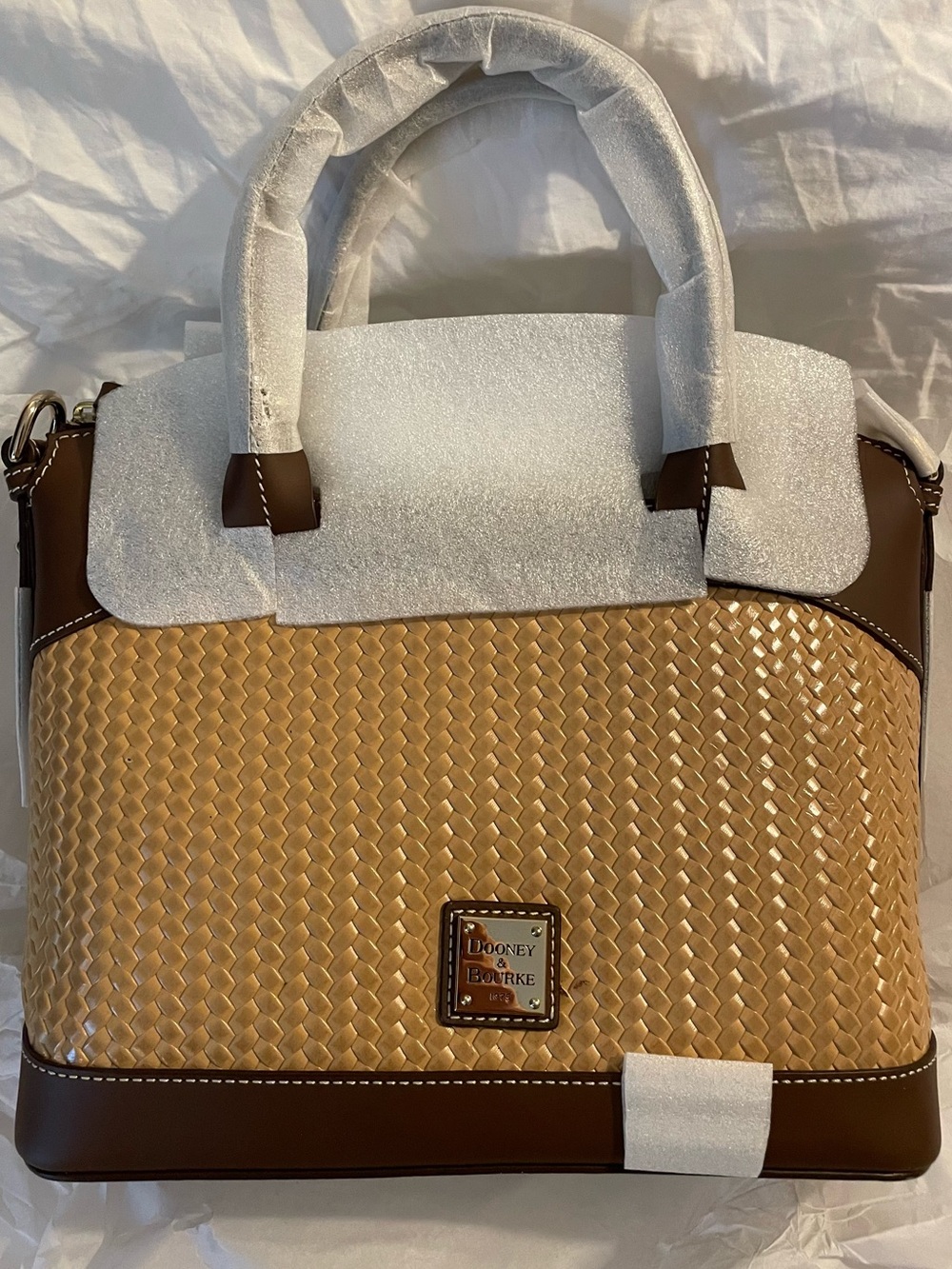 Dooney & Bourke Tan Woven Leather Satchel with Chestnut Trim - Picture 2 of 7